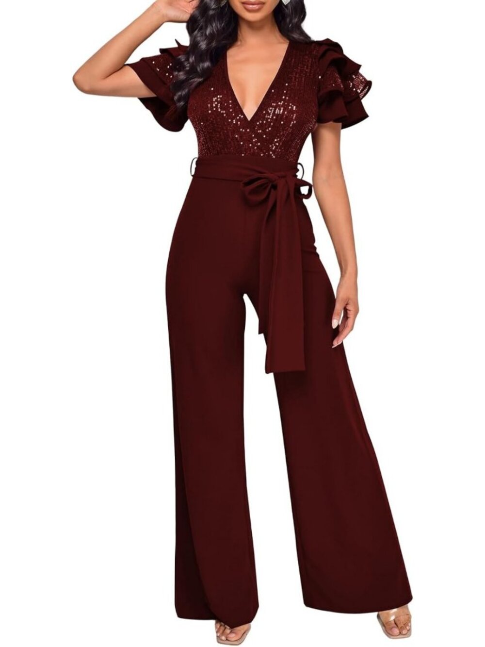 Chic Sequin Jumpsuit for Women - V Neck, Short Sleeve, Wide Leg Romper with